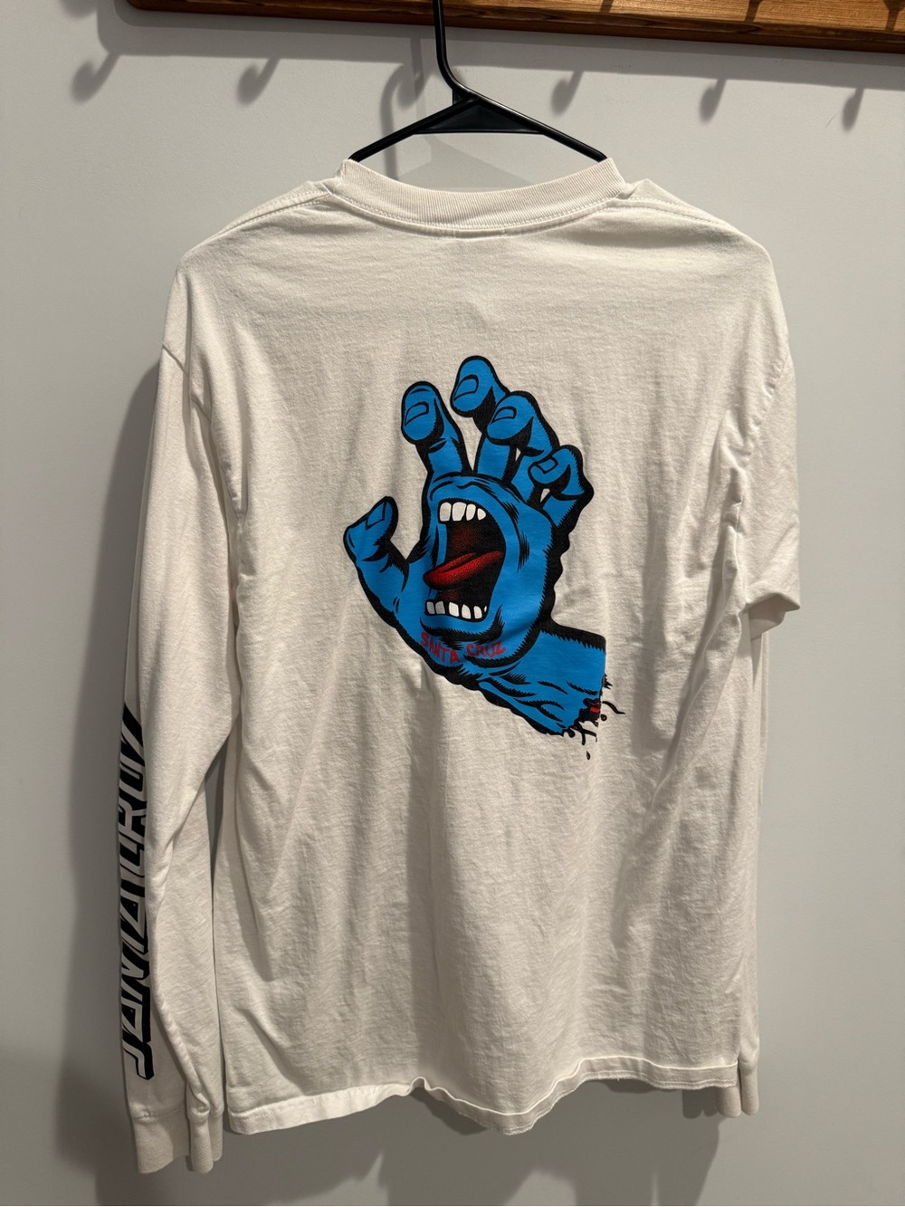 Santa Cruz Skateboards White Long-Sleeve Shirt with Blue Screaming Hand Graphic